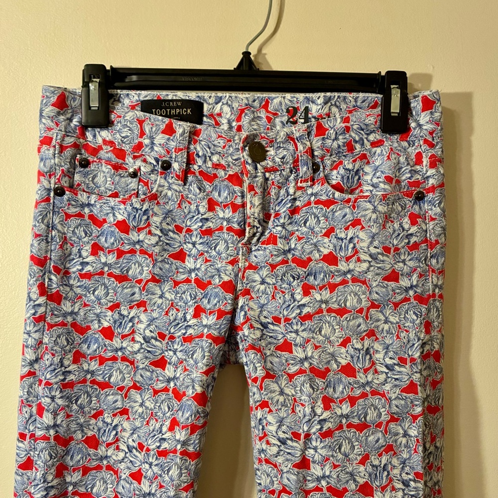 J. Crew Liberty Art Matilda Toothpick Ankle Jean Denim Red Blue Floral EUC 24